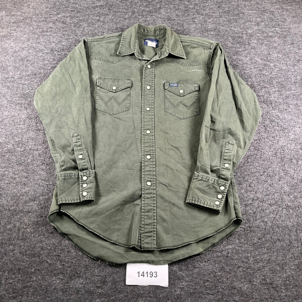 Vintage Wrangler Western Shirt Men 15 1/2 Green Pearl Snap Up Long Sleeve Cowboy